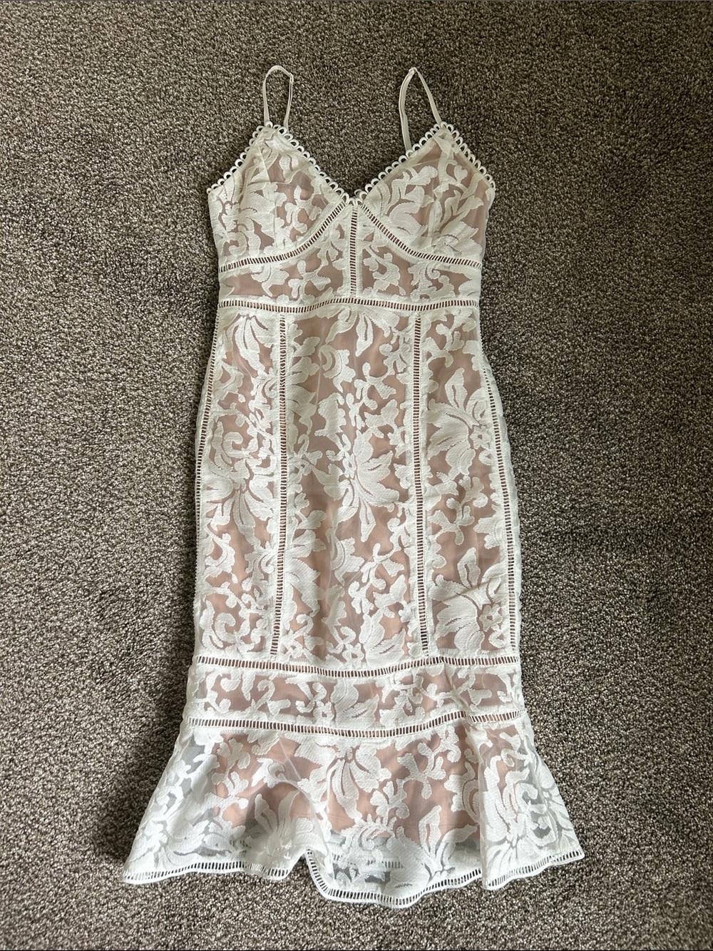 Lulu's White Lace Overlay Midi Dress with Nude Underlay
